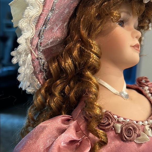 Elegant Pink Porcelain Doll with Lace Hat, auburn curls - Picture 4 of 9